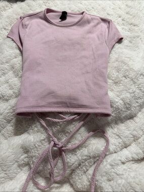 Jessica Pale Pink Ribbed Short Sleeve Crop Top with Tie-Front